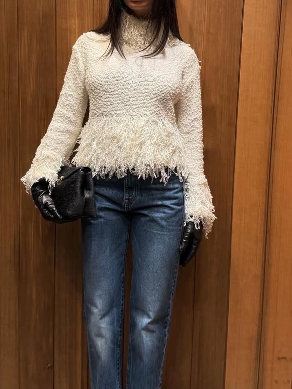Zara Cream Textured Fringe Turtleneck Sweater